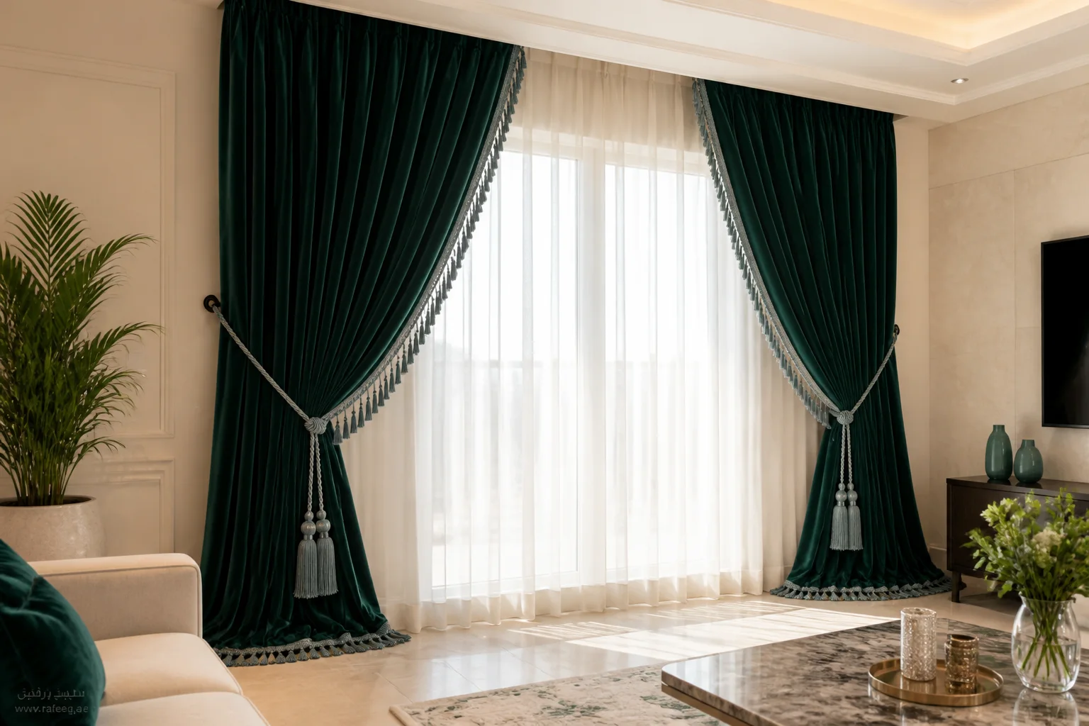 Made-to-measure royal emerald velvet curtains with tassel trim and braided tiebacks — three-quarter angle