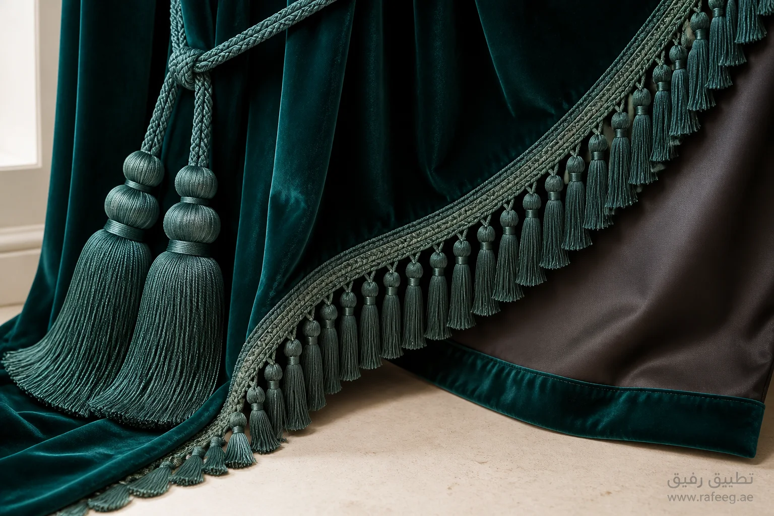 Made-to-measure royal emerald velvet curtains with tassel trim and braided tiebacks — textile and finishing close-up