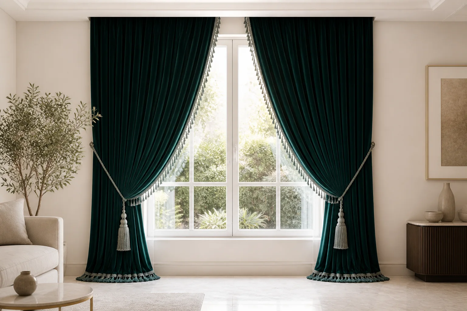 Made-to-measure royal emerald velvet curtains with tassel trim and braided tiebacks — full view