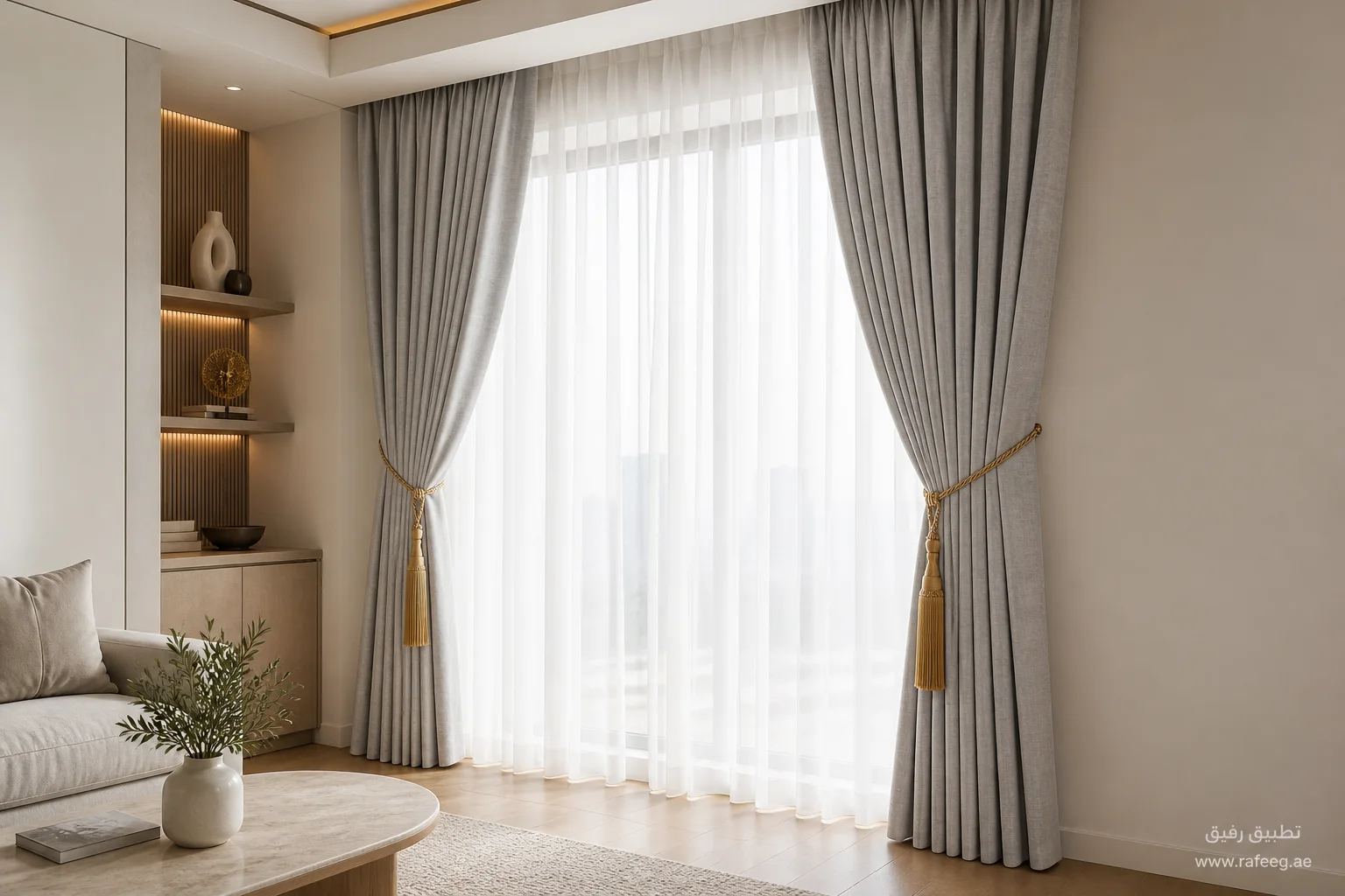 Made-to-measure soft grey linen curtains with long champagne-gold tiebacks — three-quarter angle