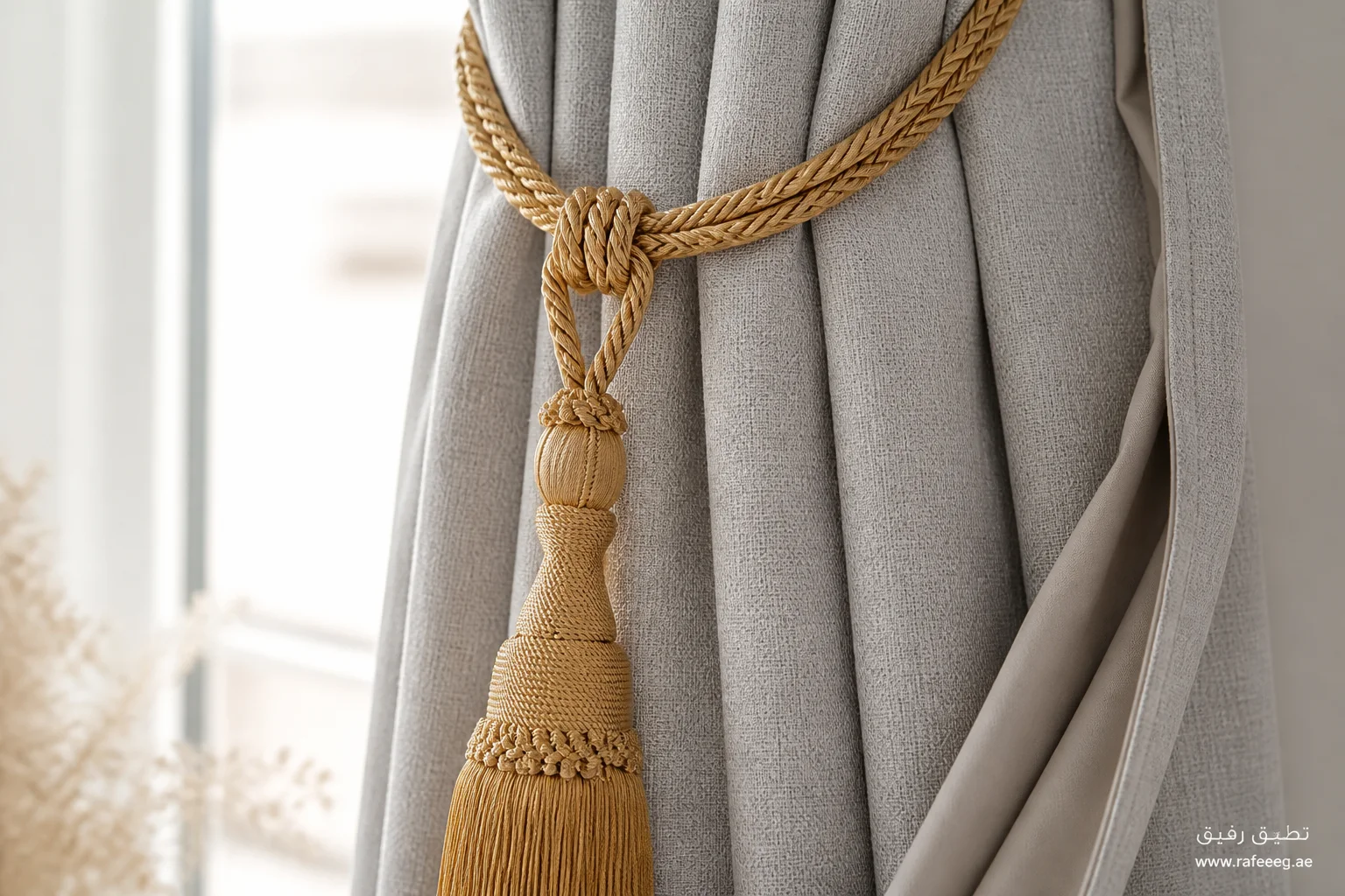 Made-to-measure soft grey linen curtains with long champagne-gold tiebacks — textile and finishing close-up