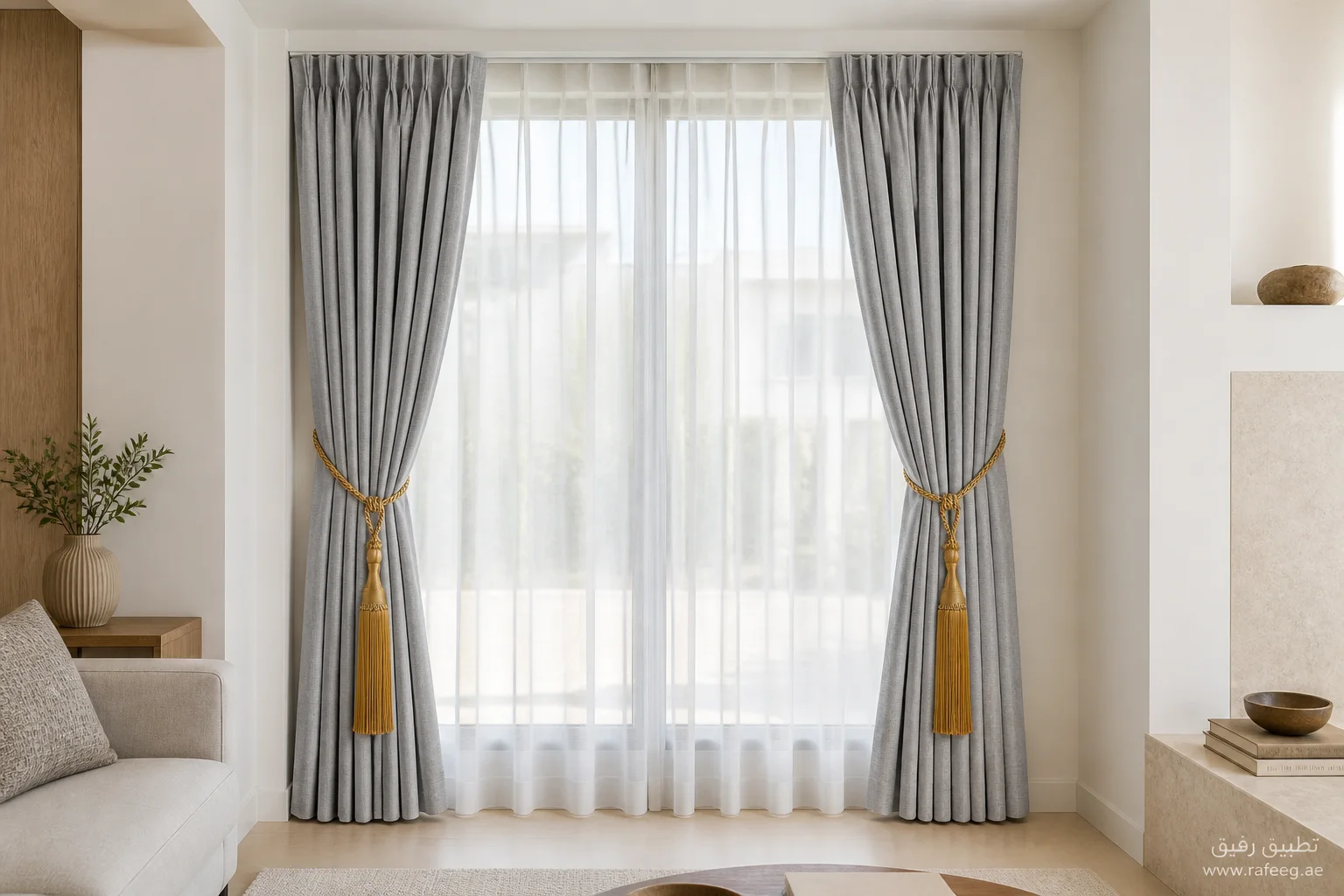 Made-to-measure soft grey linen curtains with long champagne-gold tiebacks — full view