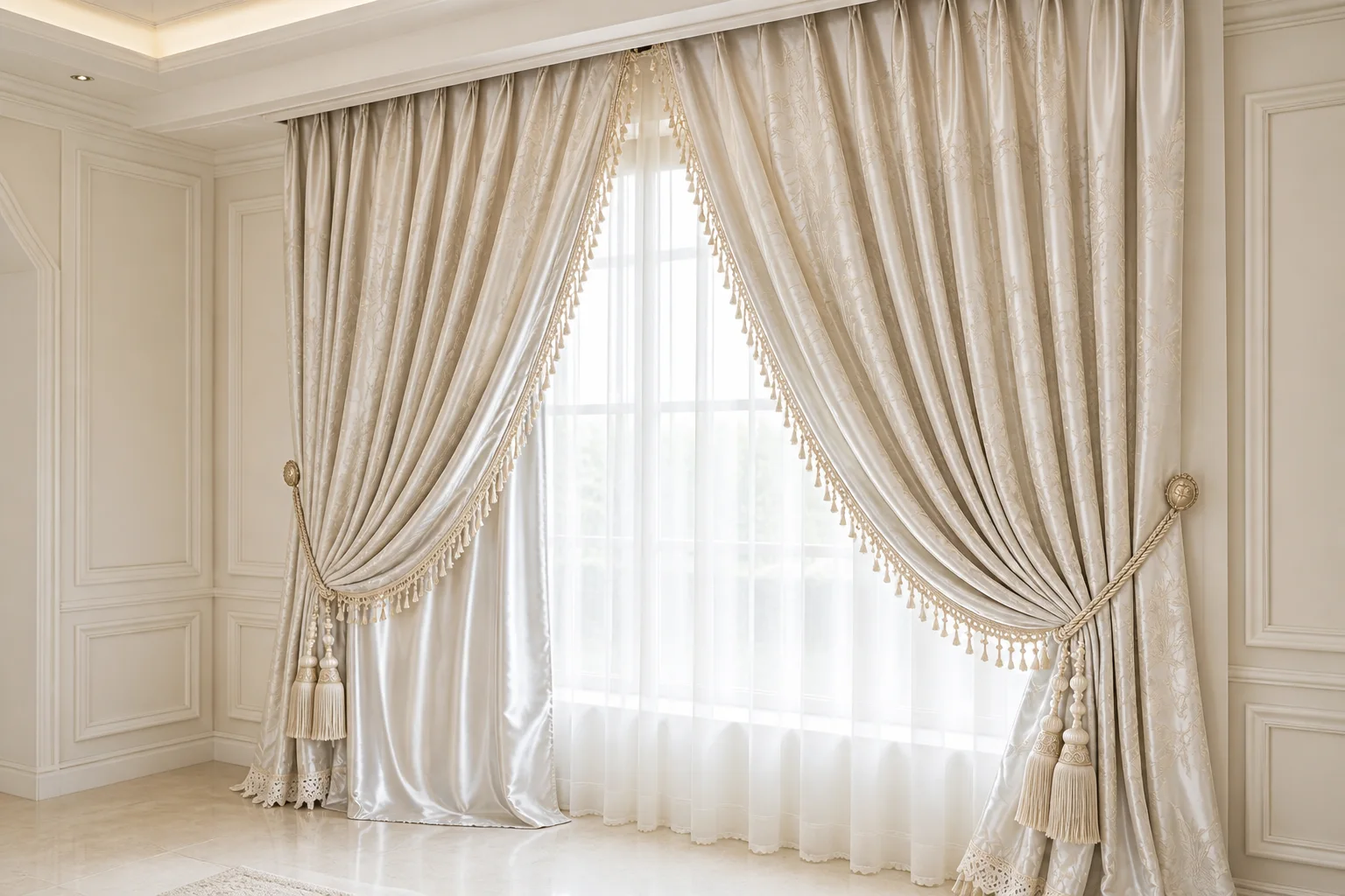 Made-to-measure pearl jacquard curtains with botanical embroidery and beaded tassel edge — three-quarter angle