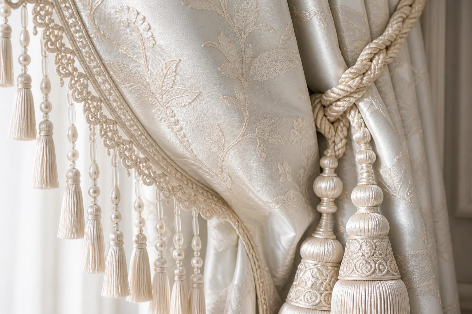 Made-to-measure pearl jacquard curtains with botanical embroidery and beaded tassel edge — textile and finishing close-up