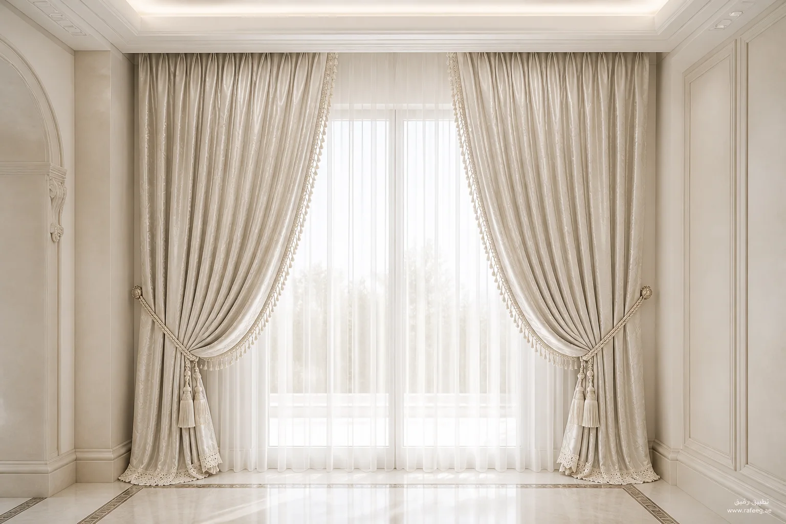 Made-to-measure pearl jacquard curtains with botanical embroidery and beaded tassel edge — full view