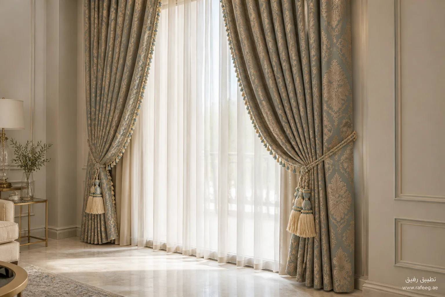 Made-to-measure smoky blue damask curtains with two-tone tassels and sculptural tiebacks — three-quarter angle