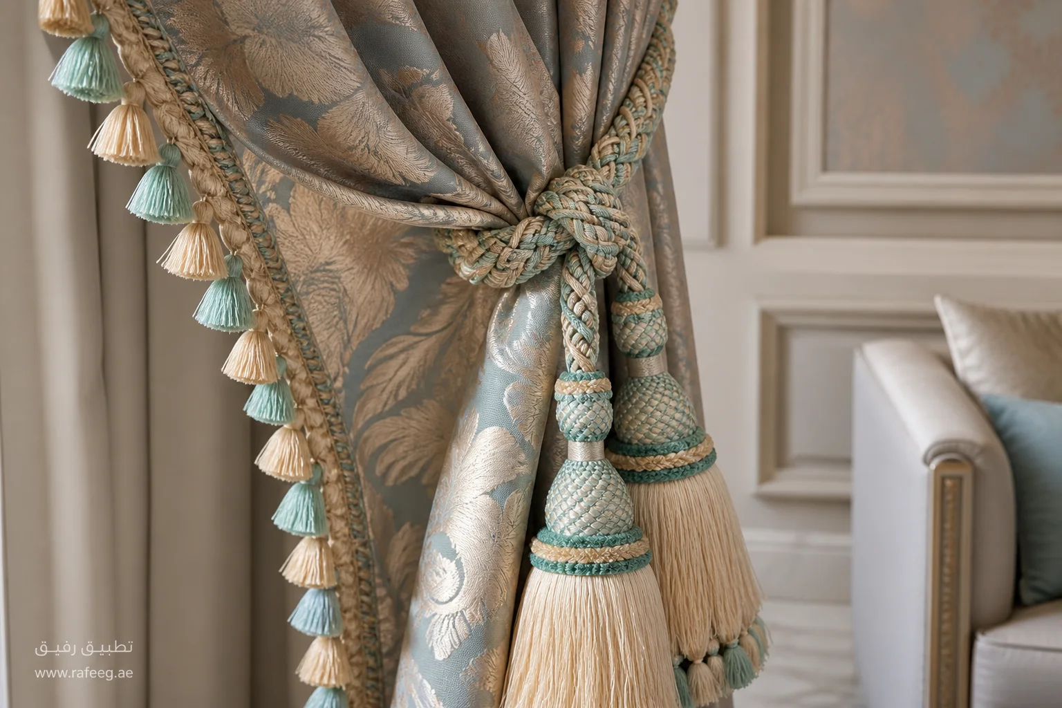 Made-to-measure smoky blue damask curtains with two-tone tassels and sculptural tiebacks — textile and finishing close-up