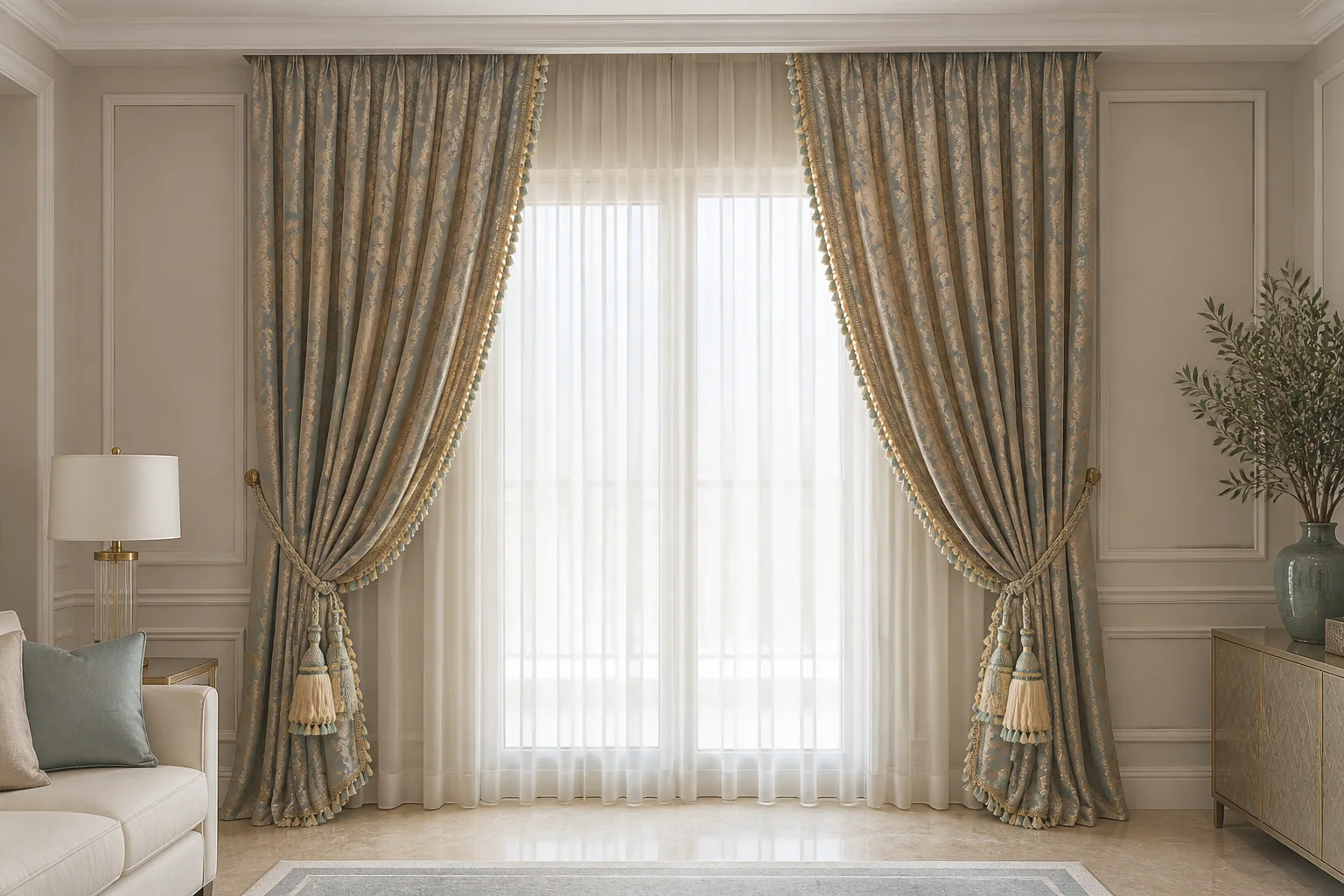 Made-to-measure smoky blue damask curtains with two-tone tassels and sculptural tiebacks — full view
