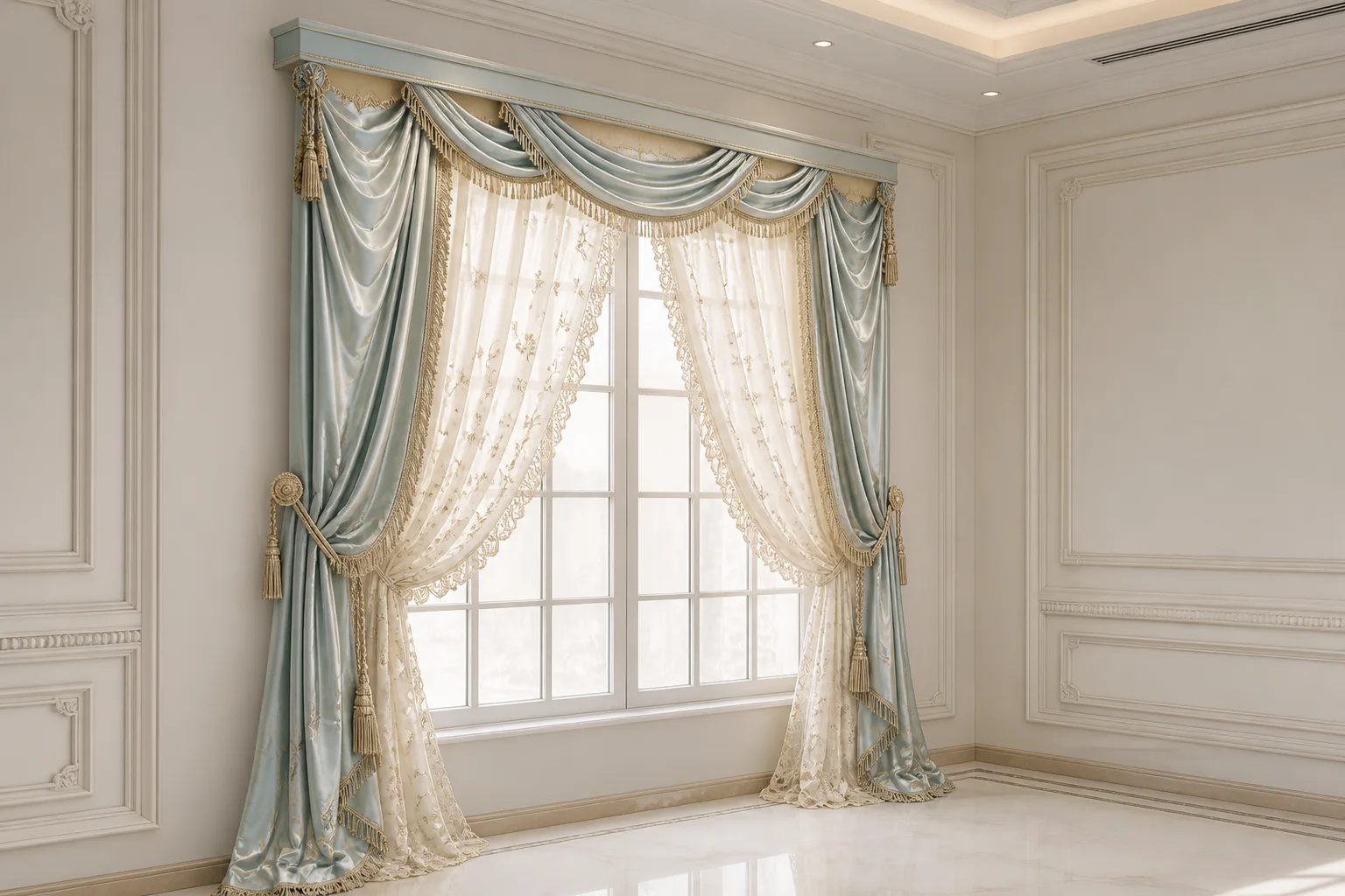Made-to-measure layered celadon curtains with embroidered sheers, swag, jabots and pelmet — three-quarter angle