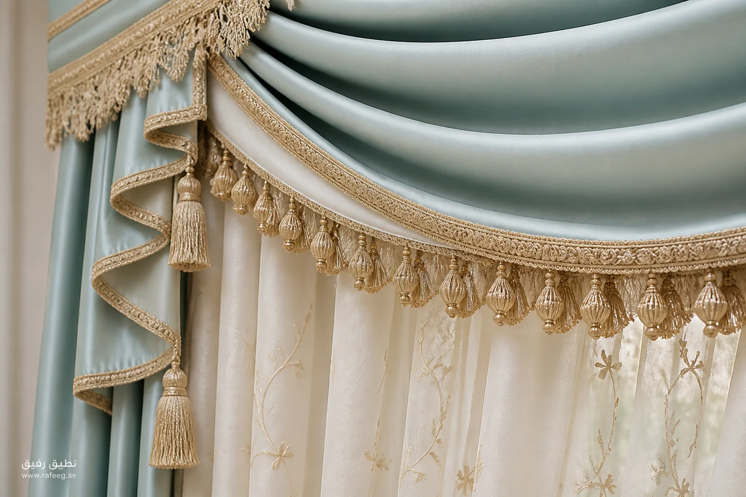 Made-to-measure layered celadon curtains with embroidered sheers, swag, jabots and pelmet — textile and finishing close-up