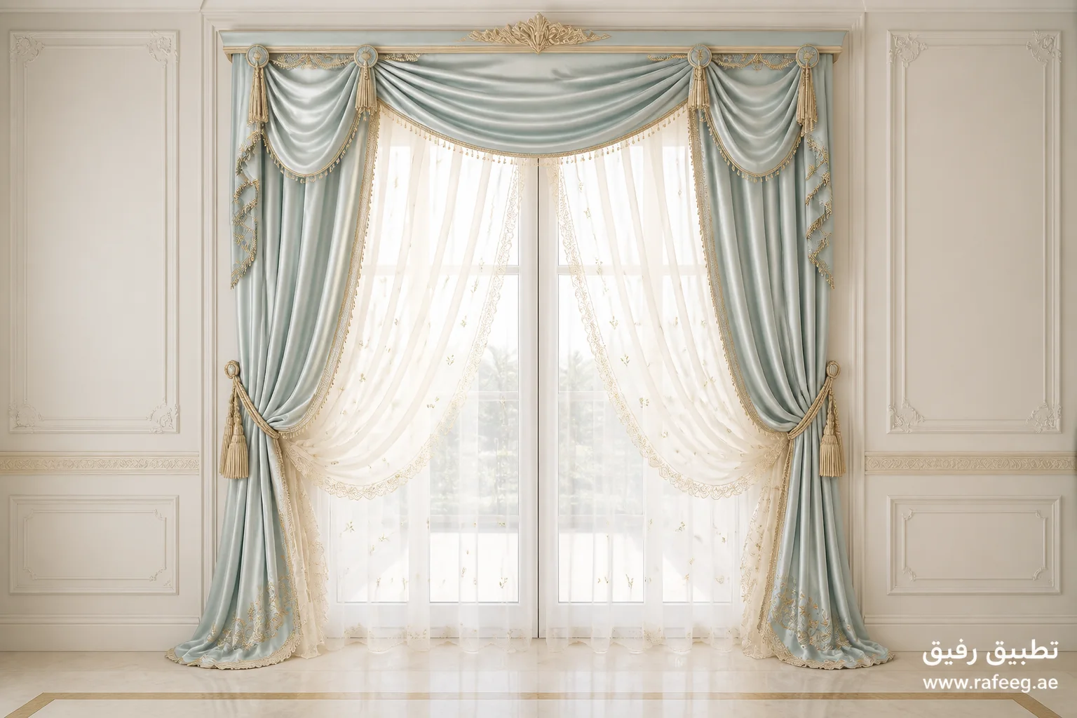 Made-to-measure layered celadon curtains with embroidered sheers, swag, jabots and pelmet — full view
